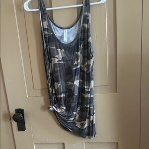 Gray and White Sleeveless Tank Top with Asymmetrical Hem and Tie Front